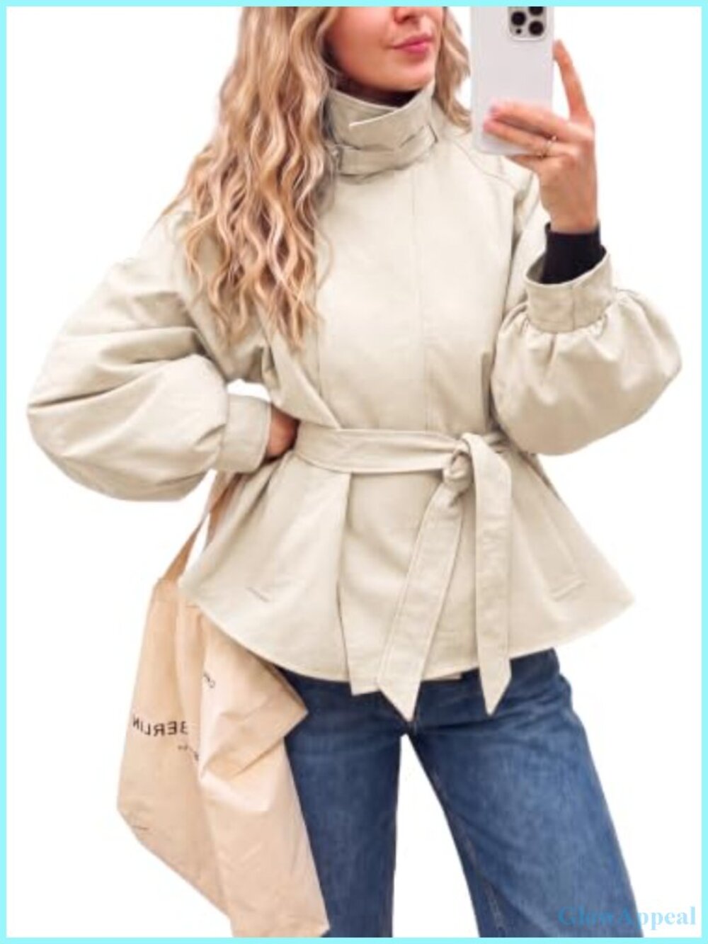 Cropped Trench Coat Women Lightweight Oversized Lantern Sleeve
